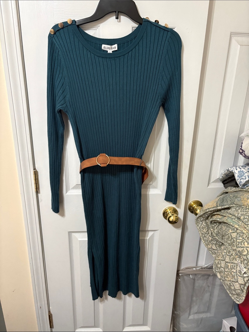 Olive & Oak Teal Ribbed Long-Sleeve Midi Dress with Shoulder Buttons